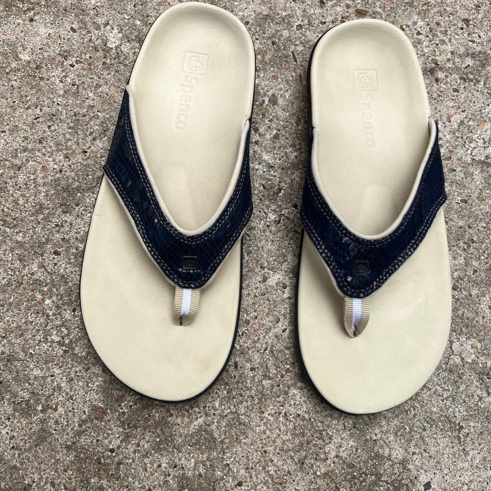 Sperry Navy Leather Thong Sandals with Cream Footbed